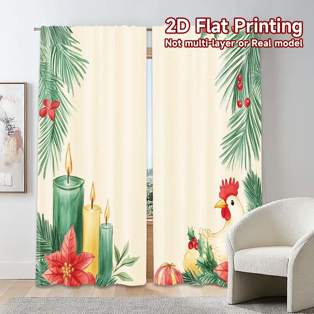 Set Of 2 Curtains Christmas Candle Poinsettia Penguin Pine Creative Chic Polyester Versatile All Bedroom Curtain For Sleeping Area Made
