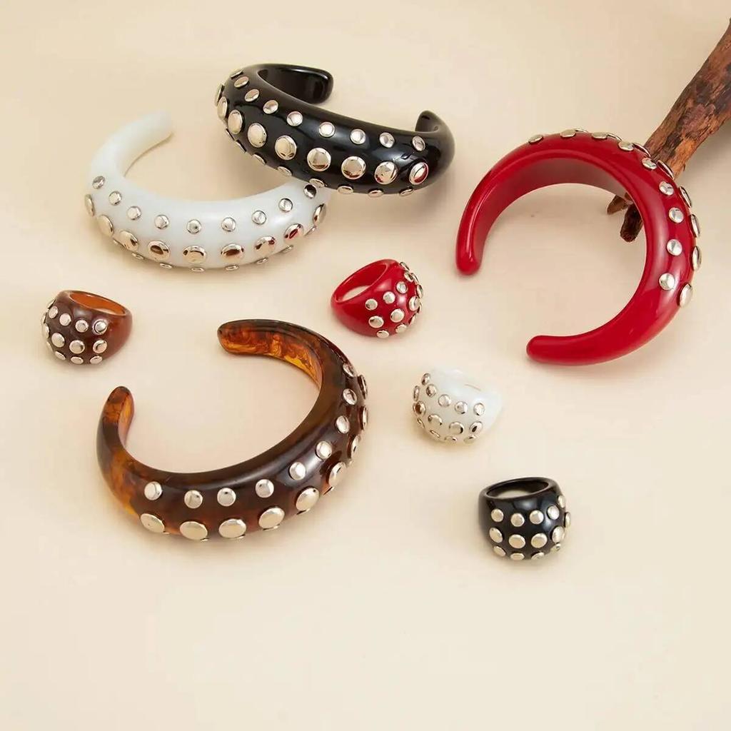 SHIXIN Punk Chunky Acrylic Wide Cuff Bracelet Ring Women Vintage Geometric C-shaped Opening Bangle Finger Rings Party Jewelry