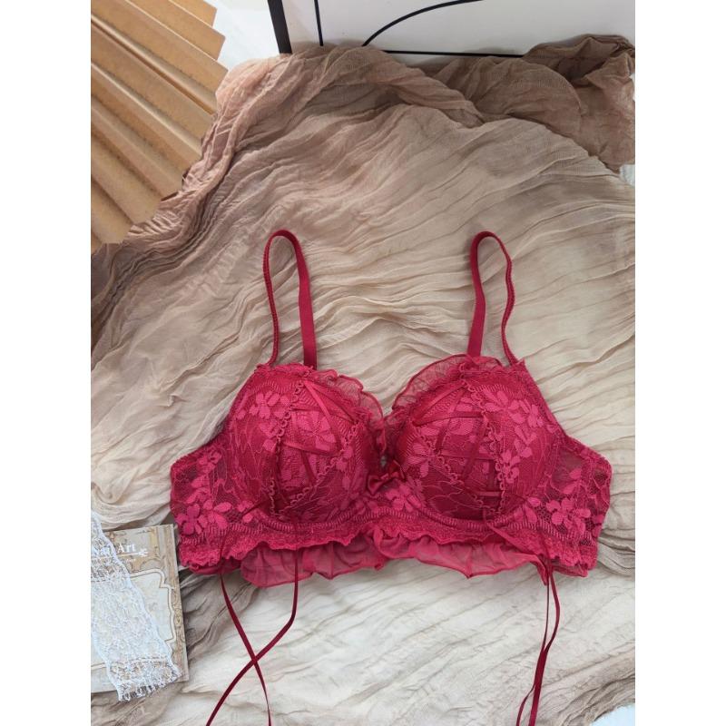 Women Cute Pink White Lace Wireless Bra with Ruffle Trim and Ribbon Ties
