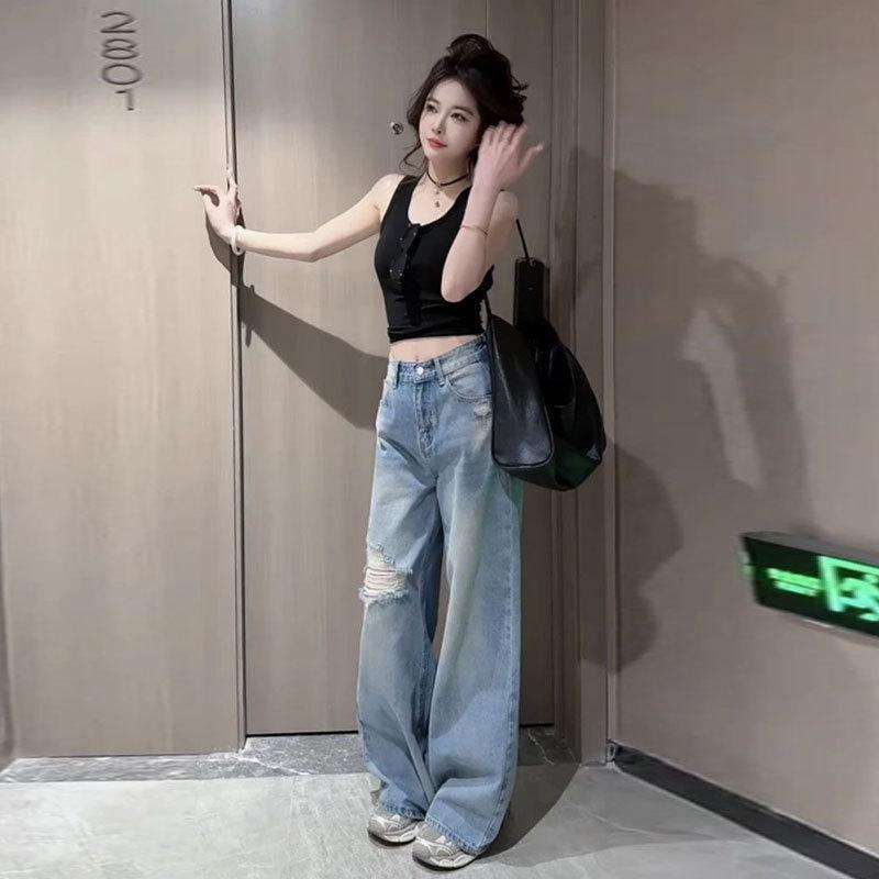

Женские джинсы больших размеров с высокой посадкой, рваные, в стиле ретро, свободного кроя, прямые, удлиняющие ноги, повседневные, длиной до пола, осень 2025 3XL синий