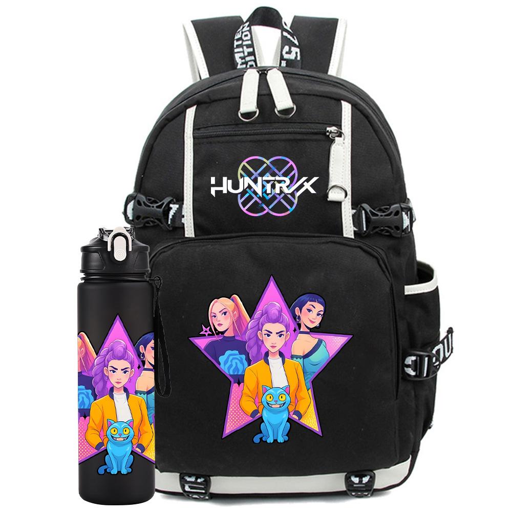 2Pcs/set Anime K-Pop Demon Hunters Printed Backpack with 750Ml Water Bottler for Teenager Student Girl Boy Large Capacity Waterproof Bookbag Gift