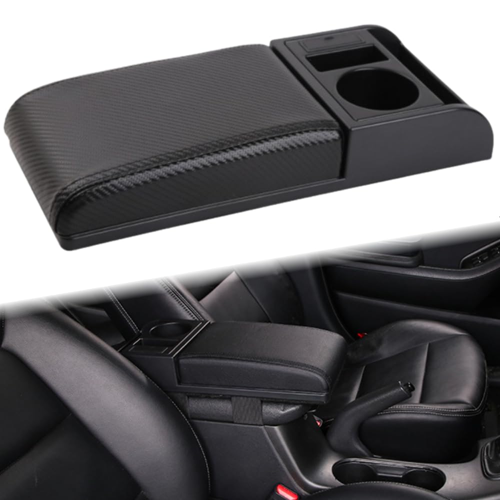 

Mellbo Armrest Car Elbow Rest Movable Console Box Drink Holder with USB Charging Port Carbon Fiber Black