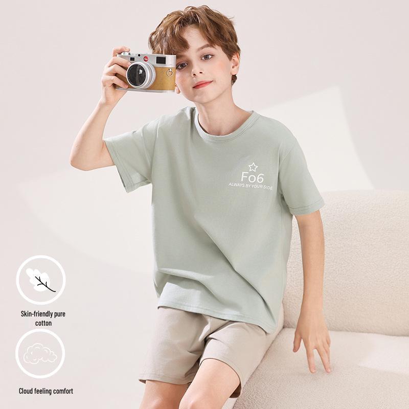 2026 Boys Pure Cotton Short Sleeve Pajama Set – Thin Summer Home Wear 150 cm