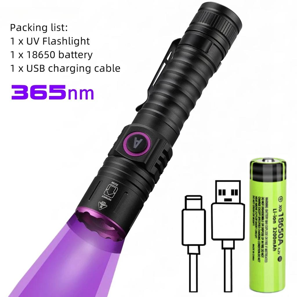 5W Mini 365nm 395nm UV Flashlight Zoom Ultraviolet Blacklight USB Rechargeable Purple Torch Pet Cat Dog Stains Urine Detector