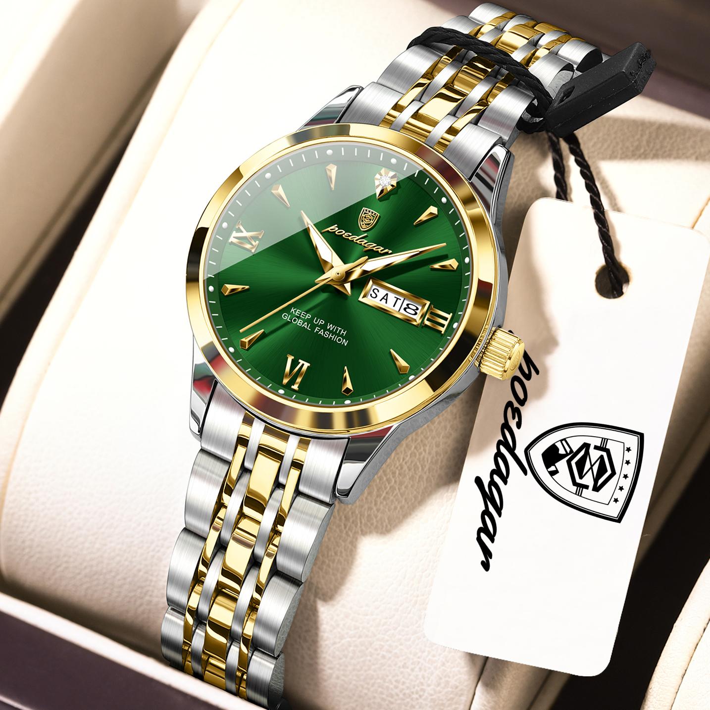 

POEDAGAR Original Watch for Woman Waterproof Luminous Date Week Ladies Watch Stainless Steel Quartz Watches Female зелений/золотий