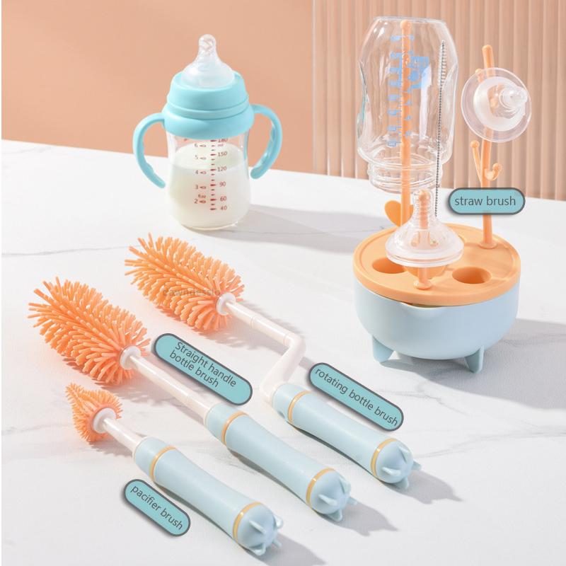 Spazzola per biberon in silicone per bambini Spazzola per pulizia con manico lungo Combinazione di stendibiancheria Set di spazzole per bottiglia di pulizia rotante a 360 gradi