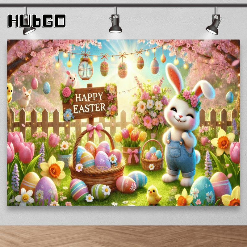 Easter spring flower photography background cloth vivid background cloth spring flowers Easter eggs and happy rabbits 100x150cm