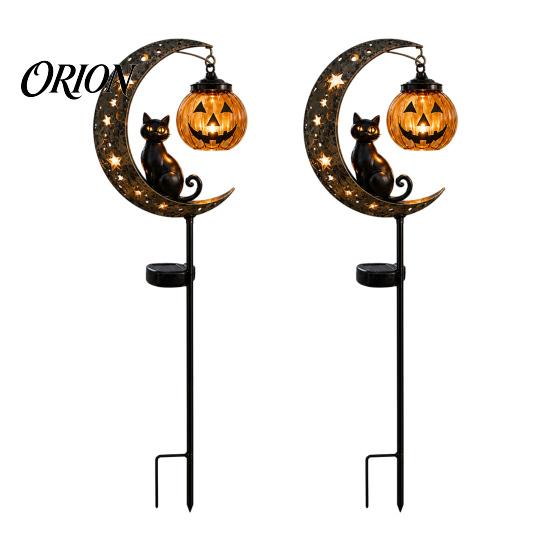 Solar Flower Bed Lights Halloween Garden Stake Light, Soft Warm Jack-o-Lantern, Moon Cat Silhouette Outdoor Pathway Decor, Waterproof Metal Lawn Patio