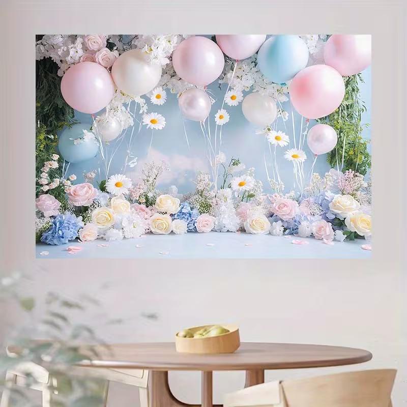 Romantic Pastel Balloon and Flower Backdrop Pink Blue Themed Background Banner for Girls