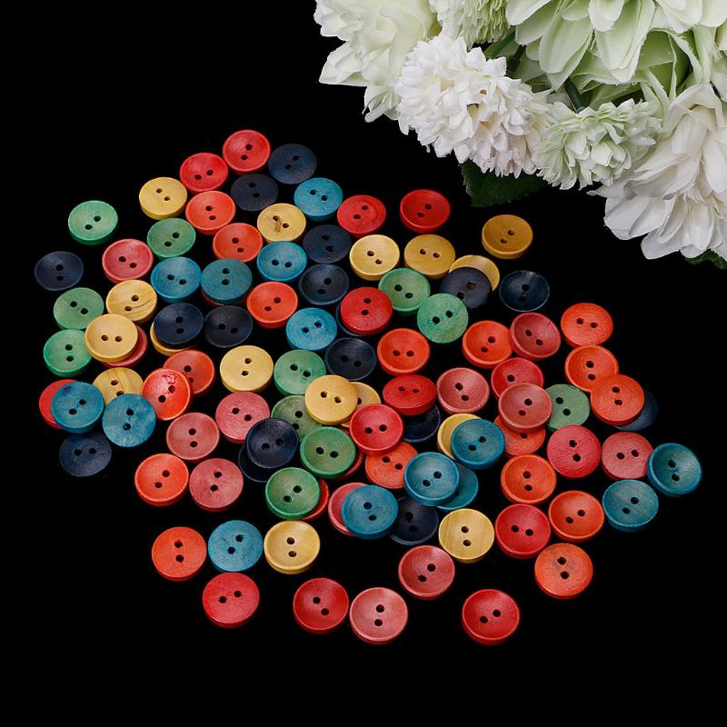 100Pcs Mixed Wood Wooden Buttons 2 Holes 15mm Sewing Scrapbooking DIY Craft