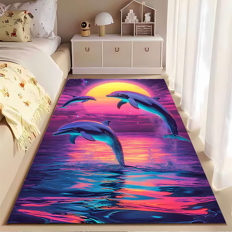Jumping Dolphins Sunset Scene suitable as a non-slip mat for the living room or bedroom sofa
