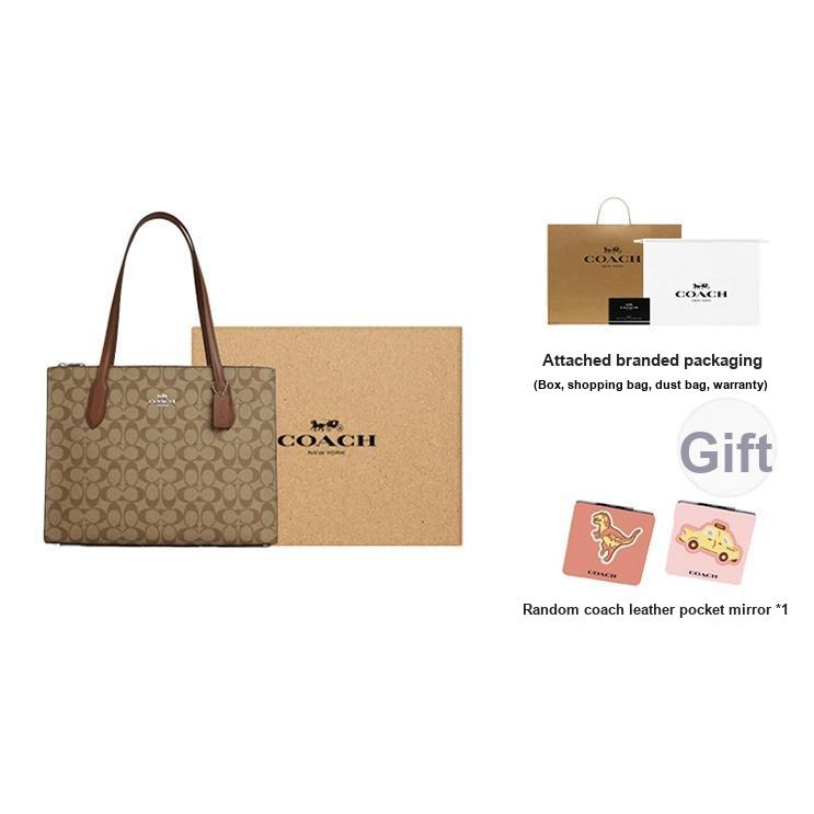 Coach Classic Monogram Multifunctional Pocket Magnetic Closure Canvas And Leather Tote Bag Women Tote Light-Brown CL399-SVBDX