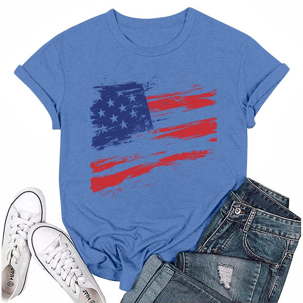Adults Casual Daily Round Neck Independence Day Printed Short Sleeved T-shirt Letter Top