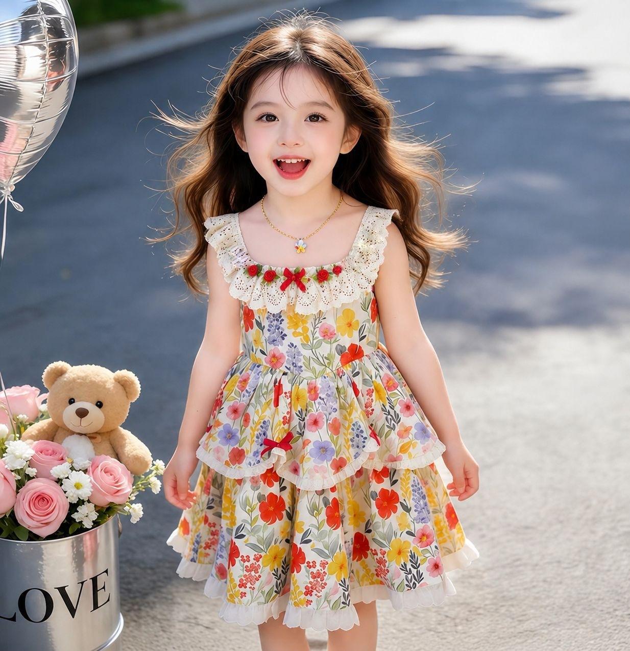 Girls Floral Cotton Dress with Lace Trim Boho Princess Summer 100