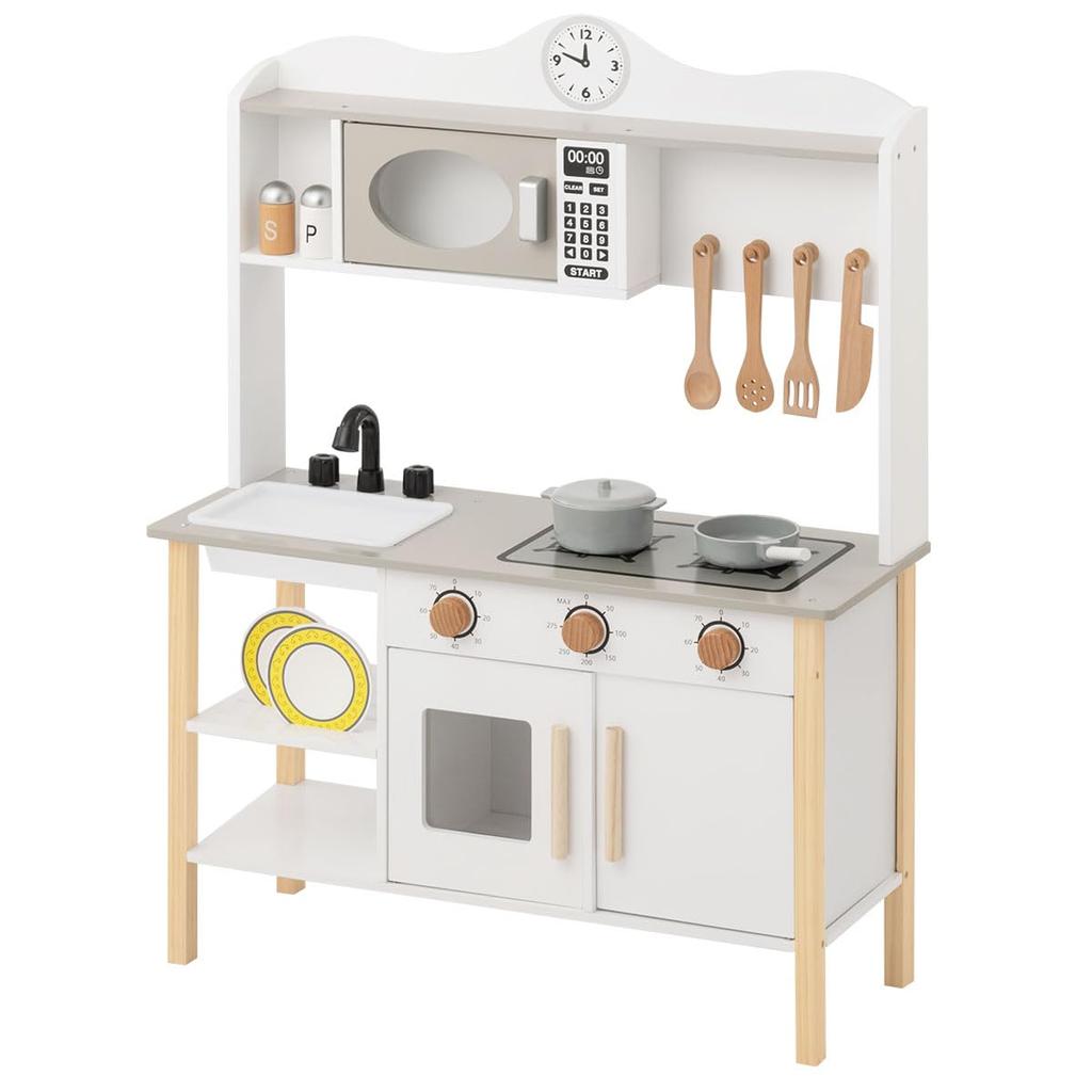 Bon Furniture Wooden Wide Play Kitchen Set with Cooking Educational Mini Indoor Birthday White Utensils, Microwave, Sink, Toy, Toy, Kitchen, Kids'