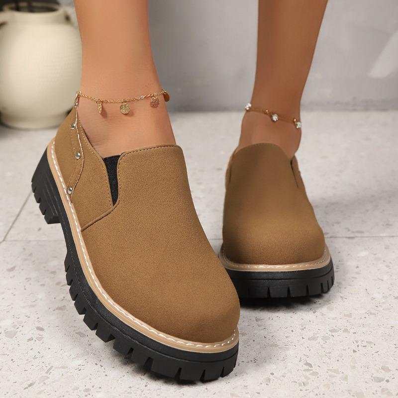 Dámské mokasíny široké šířky na robustním podpatku - Nazouvací ležérní baleríny s kulatou špičkou na podzim/zimu, Platformové pohodlné boty