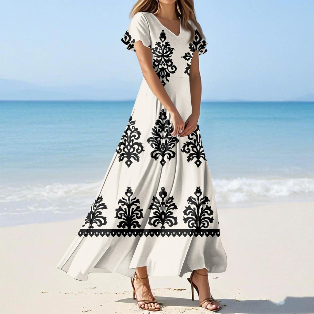 Kadın Yaz Günlük Moda Baskılı Renkli Elbiseler V Yaka Kısa Kollu Elbiseler