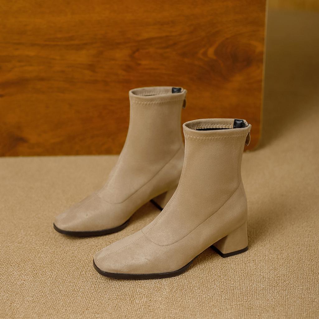 High Quality Faux Suede Ankle Boots Women Fashion Square Toe Sewing Back Zipper Designer Boots Comfortable Wedges Fashion Boots