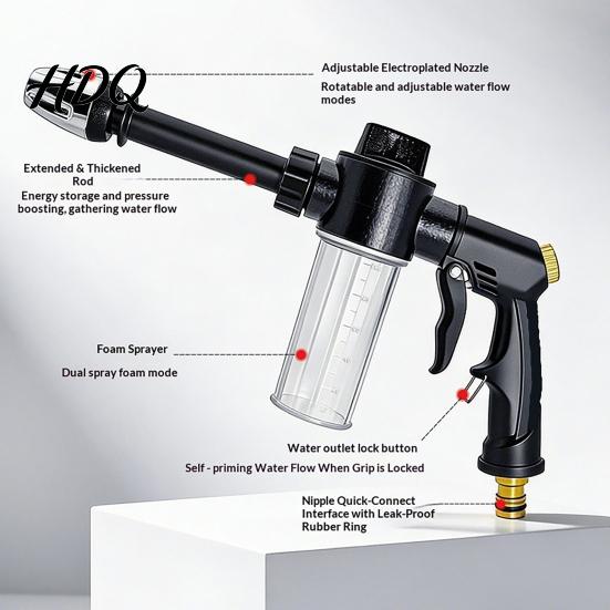 Multi Spray Mode Nozzle Garden Hose with Foam Cannon 3 Modes High-Pressure Water Flow Control Nozzle Heavy Duty Booster for Car Washing Outdoor