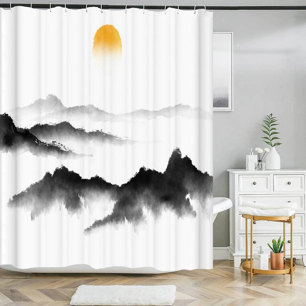 Chinese ink landscape style shower curtain scenic pattern Waterproof Fabric bath curtain washable Bathroom curtains Multi Size