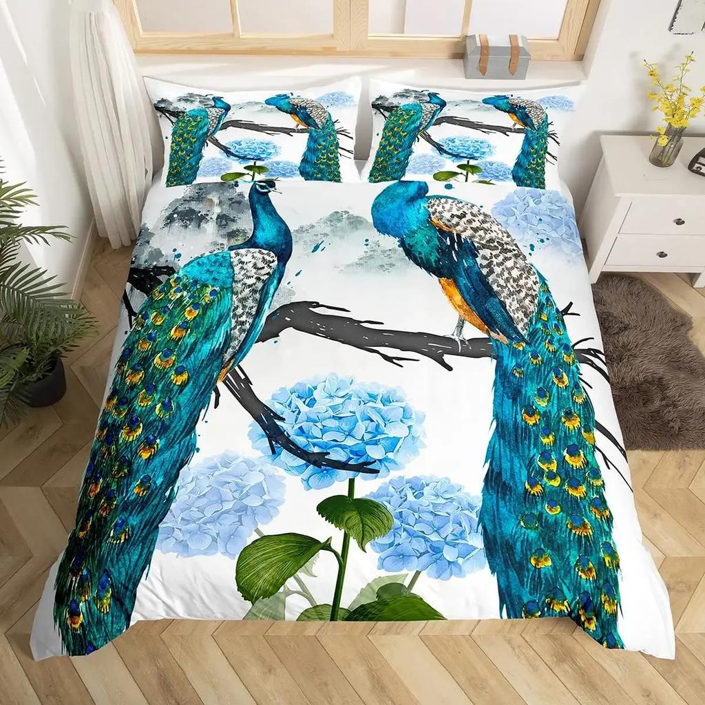 Peacock Comforter Cover Bohemian Duvet Cover Set Exotic Birds Animals Bedding Set Feather Floral Fresh Natural Bedspreads Cover