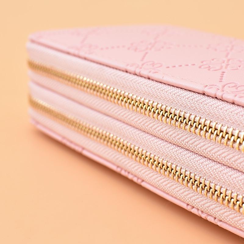 Wallet for women, long, European and American, shiny leather, double zipper handbag, large capacity, double-layer phone bag, frosted wrist wallet