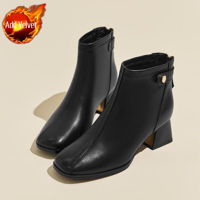 

Fashion Square Toe Elegant with Medium Heels Woman Short Shoes Autumn Winter Leather Warm Ankle Boots for Women Trend 2025 Hot Booties 35