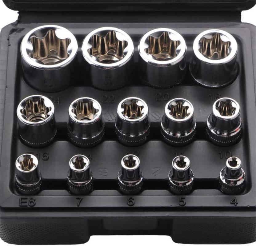 Flower Socket Female E Torx Socket Set with Case Drive E4-E24 External Torque Star Socket Kit, 14Pcs Spare Parts and Accessories