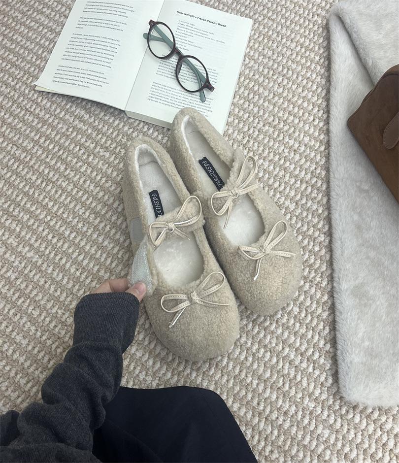 

Увеличивающие рост туфли-бантики из новой овечьей шерсти, универсальные туфли-дуду на одной педали, милые хлопковые туфли Мэри Джейн 39 абрикосовый