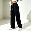 High Waist Drawstring Cargo Sweatpants Women Loose Wide Leg Solid Color Casual Straight Pants