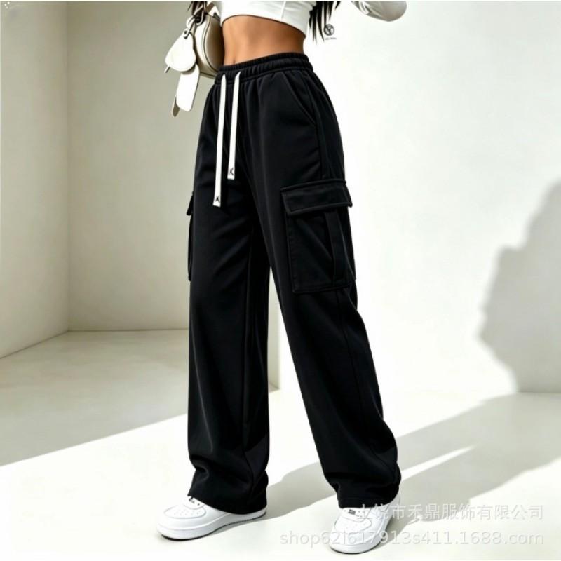 High Waist Drawstring Cargo Sweatpants Women Loose Wide Leg Solid Color Casual Straight Pants