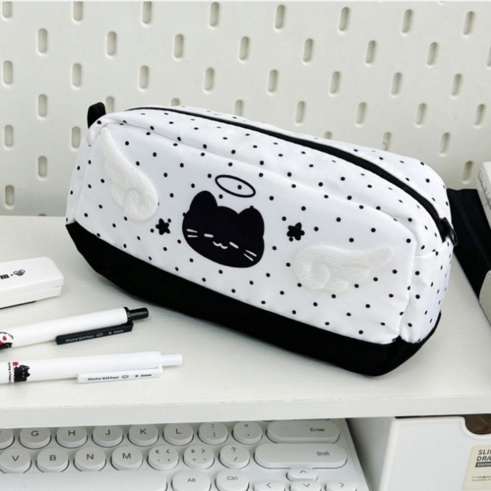 New Large Capacity Cat Pattern Pencil Case Polka Dot Multi-Layer Stationery Organizer Cartoon Zipper Pen Bag Daily