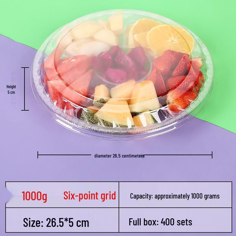 Transparente runde Einweg-Salatschale mit dreigeteilter Obstschale