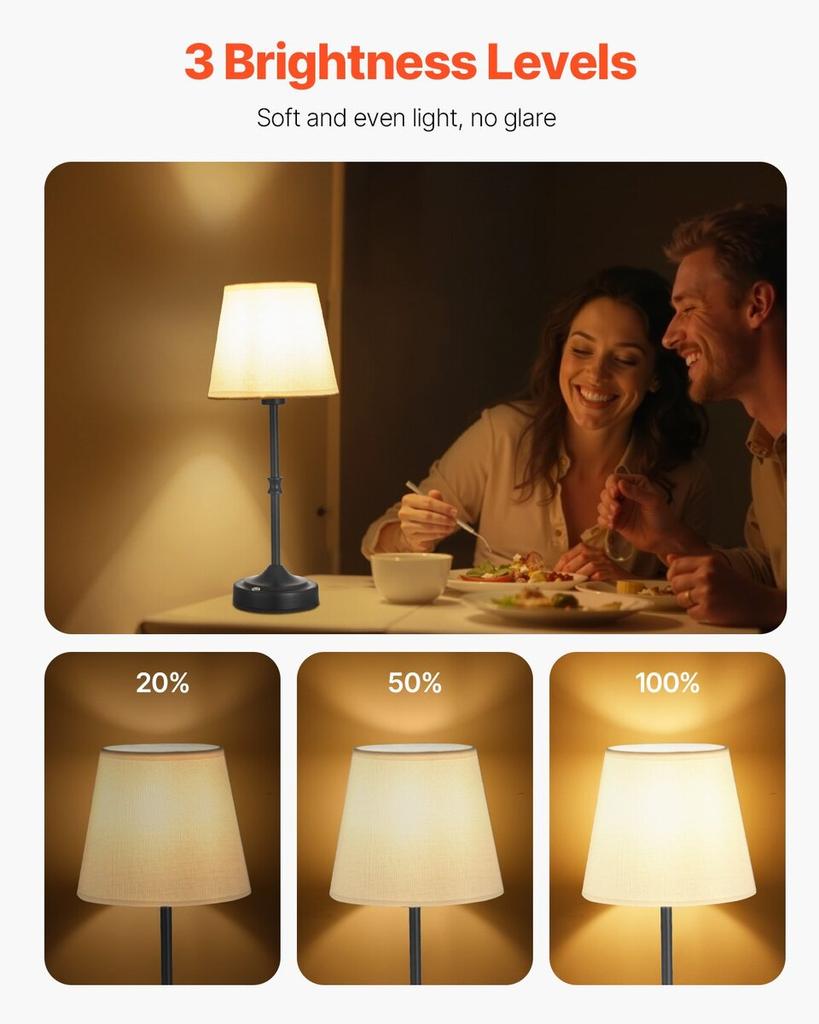 Cordless Table Lamp 2PCS Rechargeable Battery Desk Lamp Fabric Shade Black
