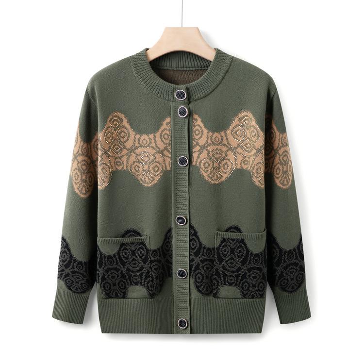 Grandma Wear Autumn Sweater Jacket Middle-aged and Elderly Round Neck Cardigan Top for Women 50 Years Old 60 Mother Fashionable Knitted Sweater