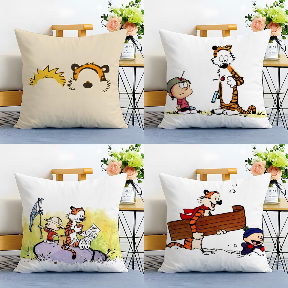 Cartoon C-Calvin And H-Hobbeses Cushion Cover Linen Pillowcase Soft For Sofa Bed Home Room Decor