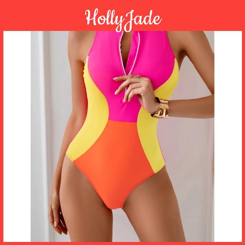 New 2026 Zipper Color Spliced One Piece Swimsuit For Women Sport Swimwear Female Bodysuit Monokini Bathing Suit Summer Beachwear