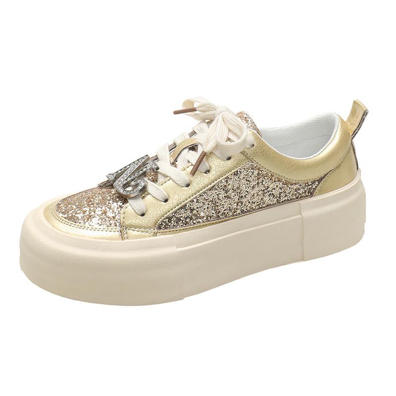 Platform-soled Fashion Board Shoes Women's 2025 New Spring and Autumn Models Versatile Rhinestone Silver Sports and Leisure Shoes Trend