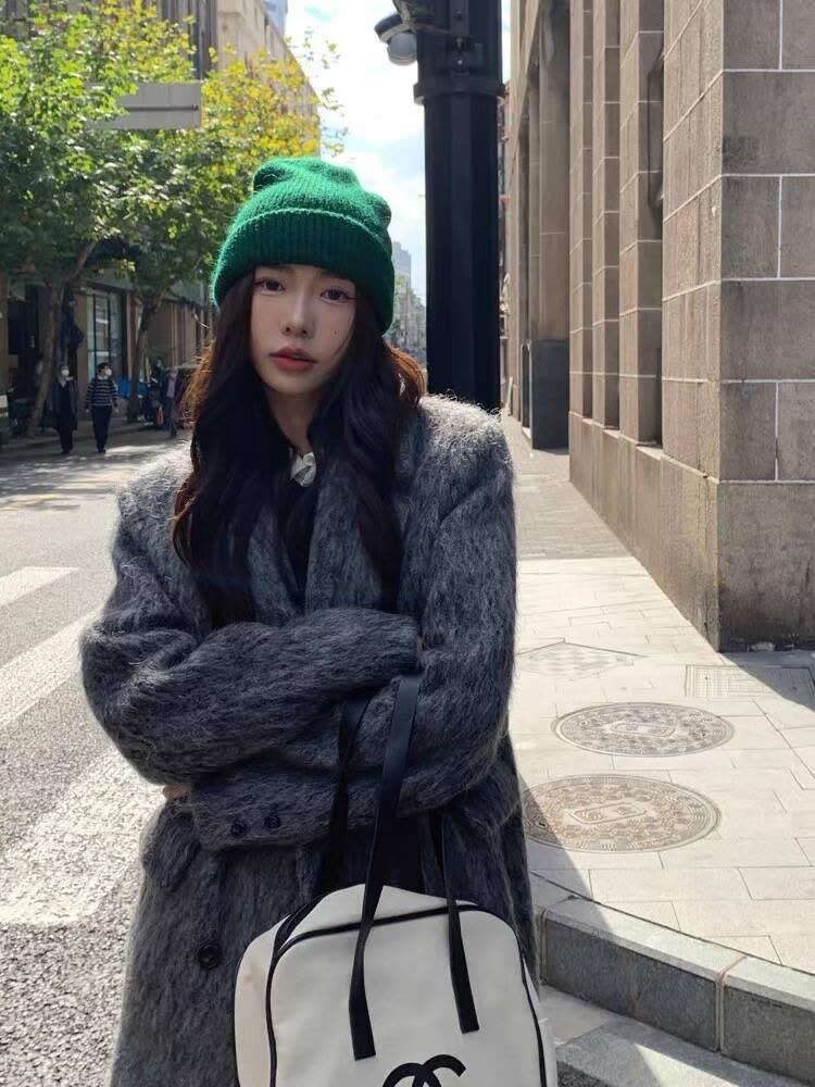 Náladový Nadměrný Korejský Francouzský Hepburn Styl Šedý Dlouhý Vlněný Streetwear Kabát