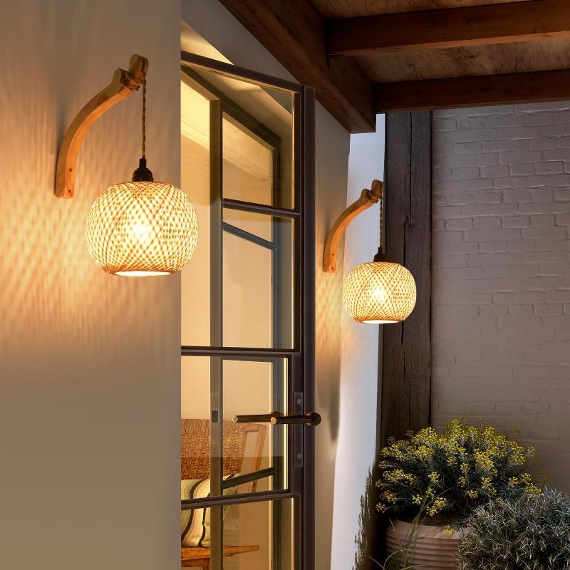 Bamboo Lantern Plug In Wall Sconces Wicker Woven Rattan Wall Light Farmhouse Rustic Wall Sconces for Living Room Bedroom