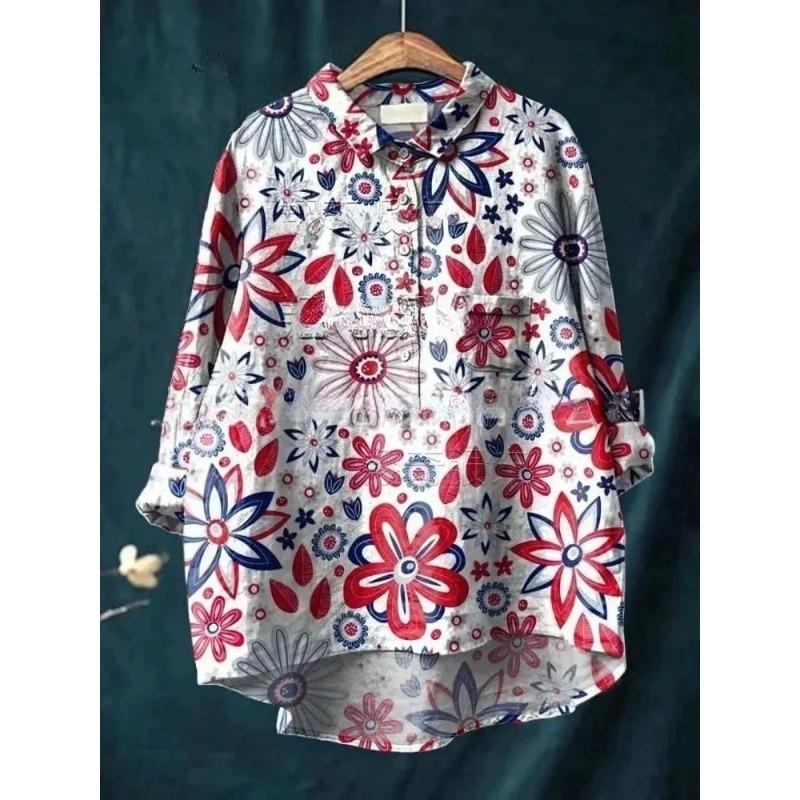 Summer Women's Loose Printed Round Neck Casual Plus Size Women's Long Sleeve T-shirt