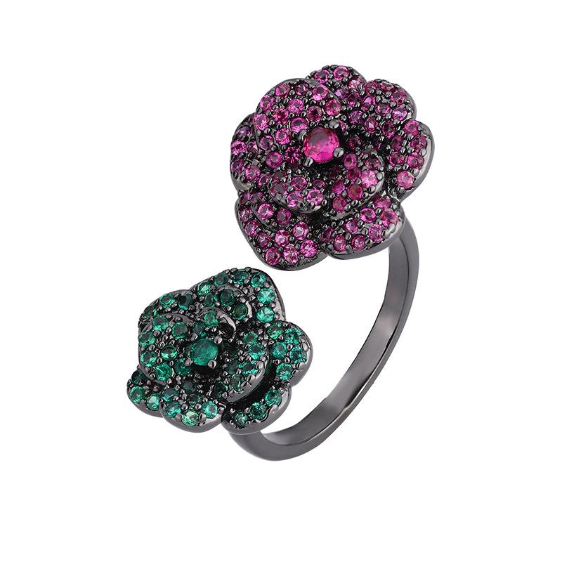 Jewelry Copper Bottom Gold-Plated Simulation Red Corundum Black Gold Immortal Flower Personalized Ring Female