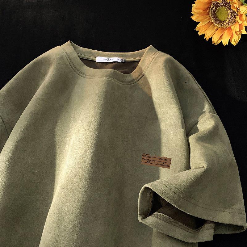 Men's Oversized Brown Suede Retro Round Neck Short-Sleeve T-Shirt