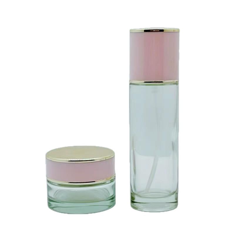 Pink Lady Skincare Set: Glass Bottles (30ml & 50ml) and Cream Jars (30g & 50g).