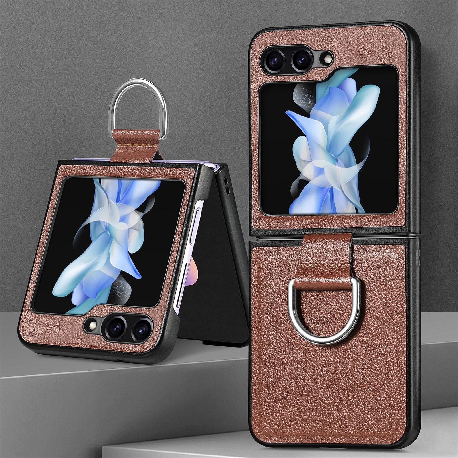 

Роскошный кожаный чехол с кольцом на палец для Samsung Galaxy Z Flip 5 Flip5 Flip4 Flip3 Flip2 Flip 4 3 2 Zflip5 5G, чехол для сотового телефона for Samsung Z Flip 3 коричневый