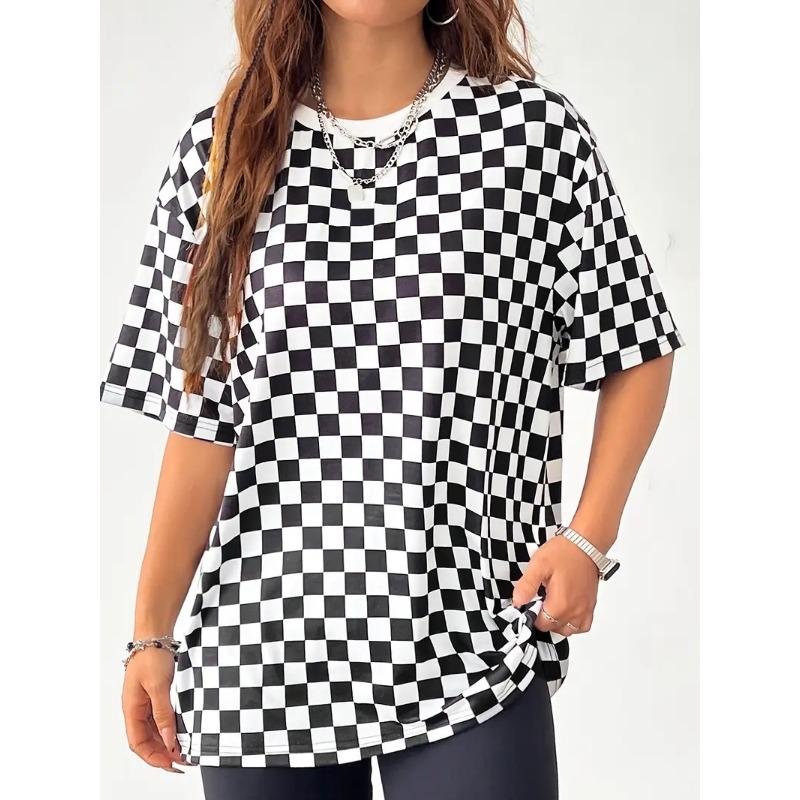 Classic Fashion Women's Sporty Checkered T-Shirt Black White Contrast Short Sleeve Top Breathable Round Neck Casual T-Shirts