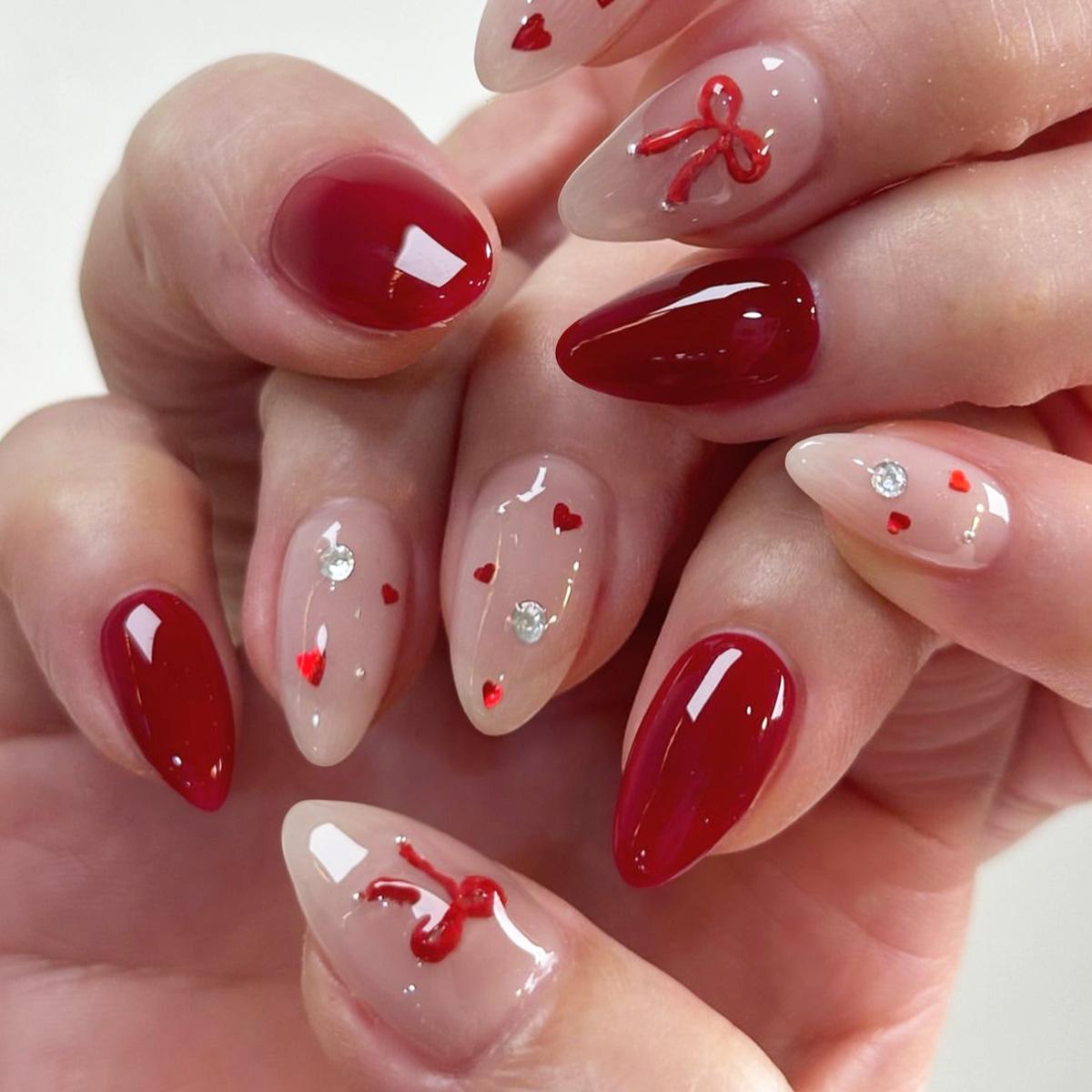 

Valentine s Day French Burgundy Press-On Nails - Handmade Bow Cherry Design