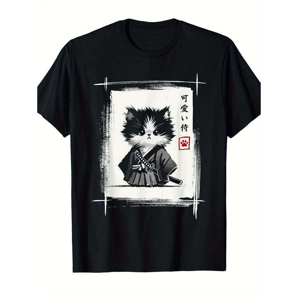 Cute Samurai Cat Japanese Graphic Tee Unisex's Vintage Style Breathable Cotton T-Shirt
