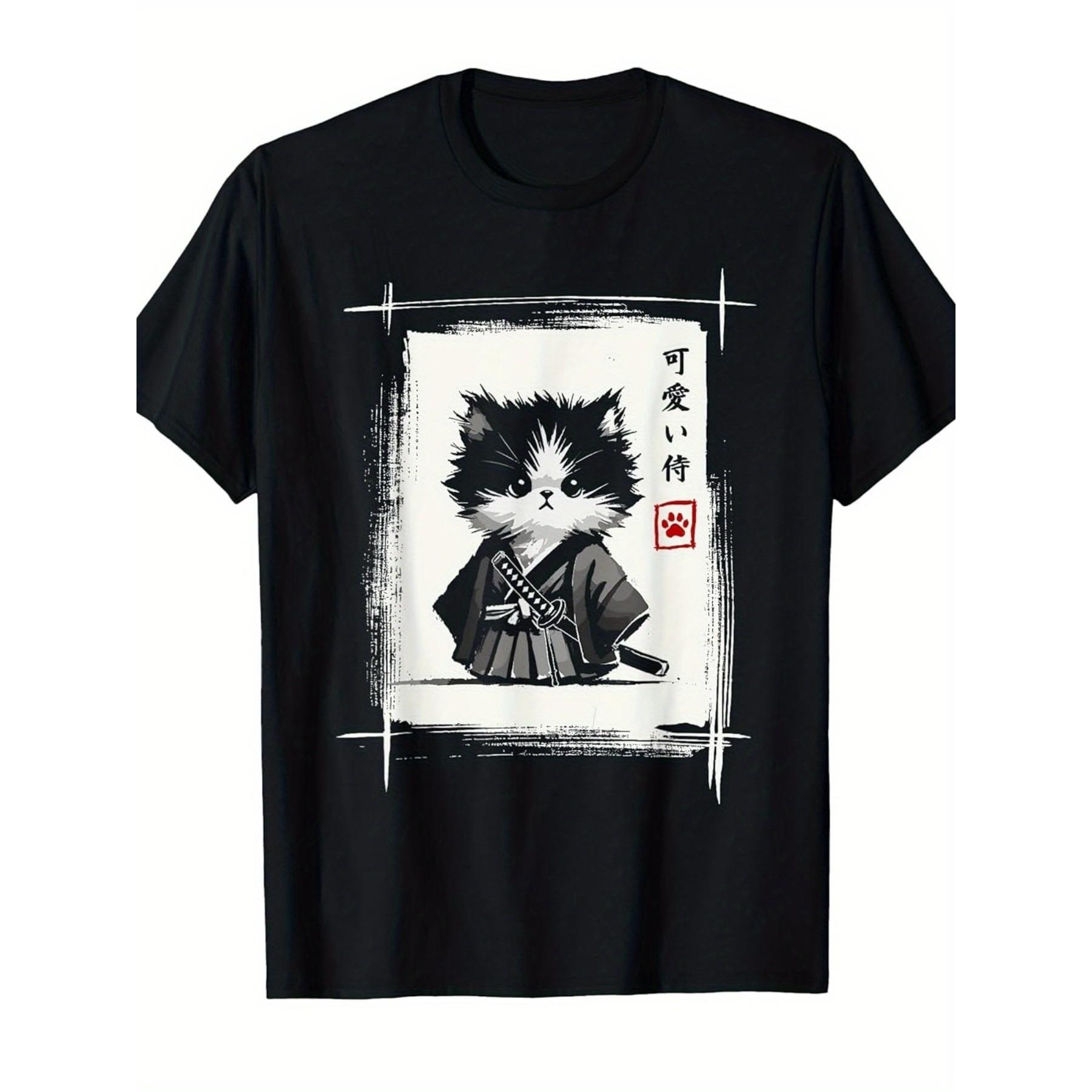 

Cute Samurai Cat Japanese Graphic Tee Mens Vintage Style Breathable Cotton TShirt - Men s Summer Cotton Graphic Tee S разноцветный