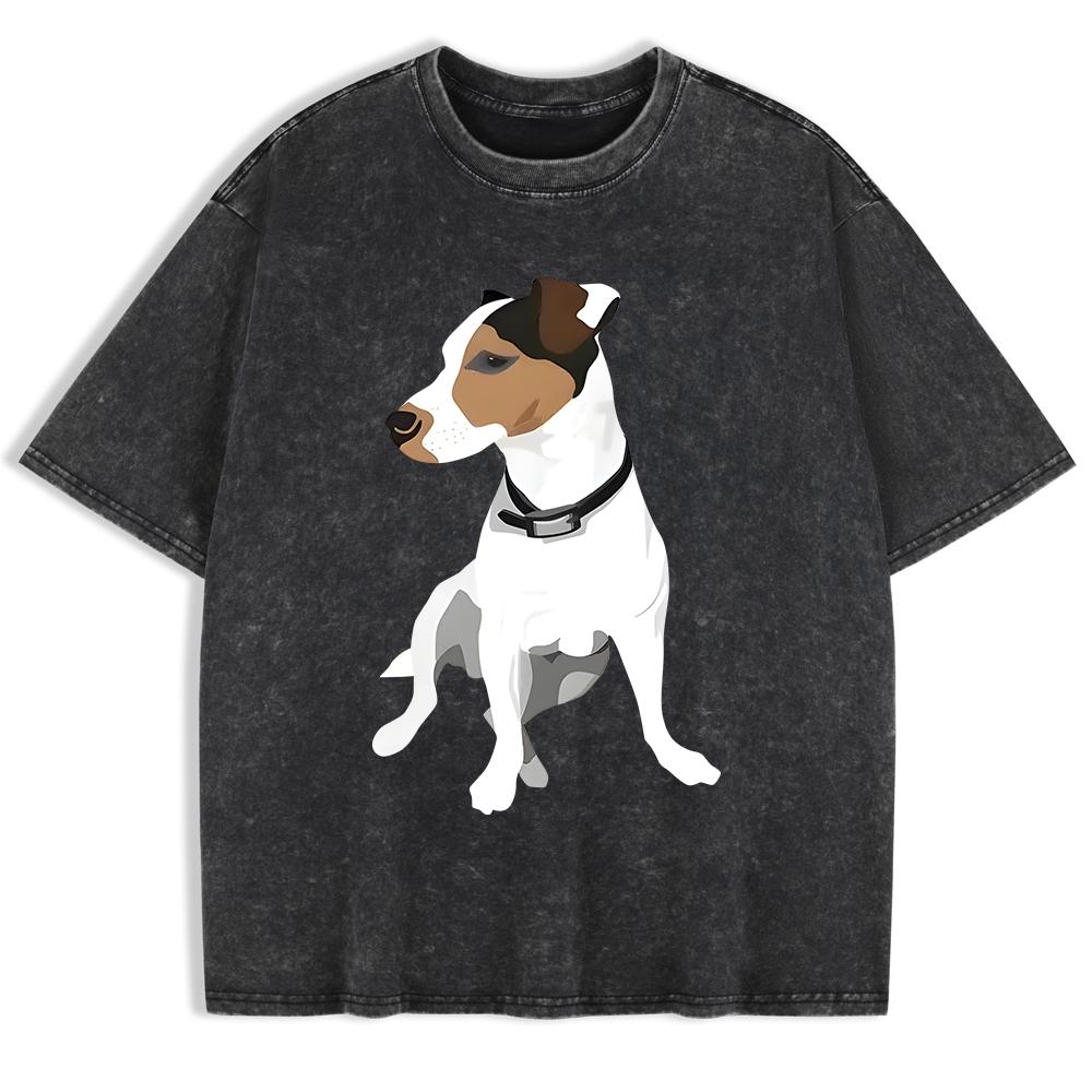 Russell Terrier Puppy Print Washed T-Shirts Mens Cotton Short Sleeve Tops Summer O-Neck Oversize T Shirt Basic Soft Clothes